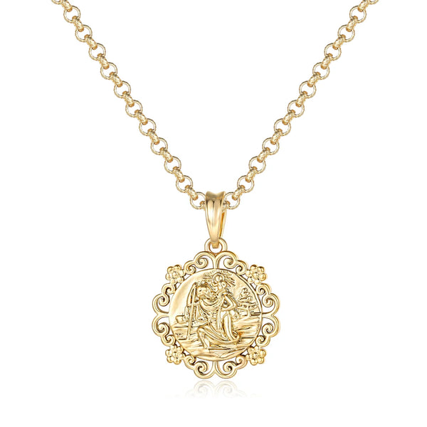 St Christopher Flower Mount Pendant Belcher Chain - Gold Filled