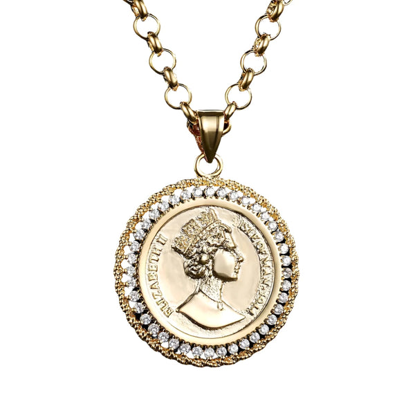 Queen Elizabeth II White Diamond Pendant Belcher Chain (Gold Filled)